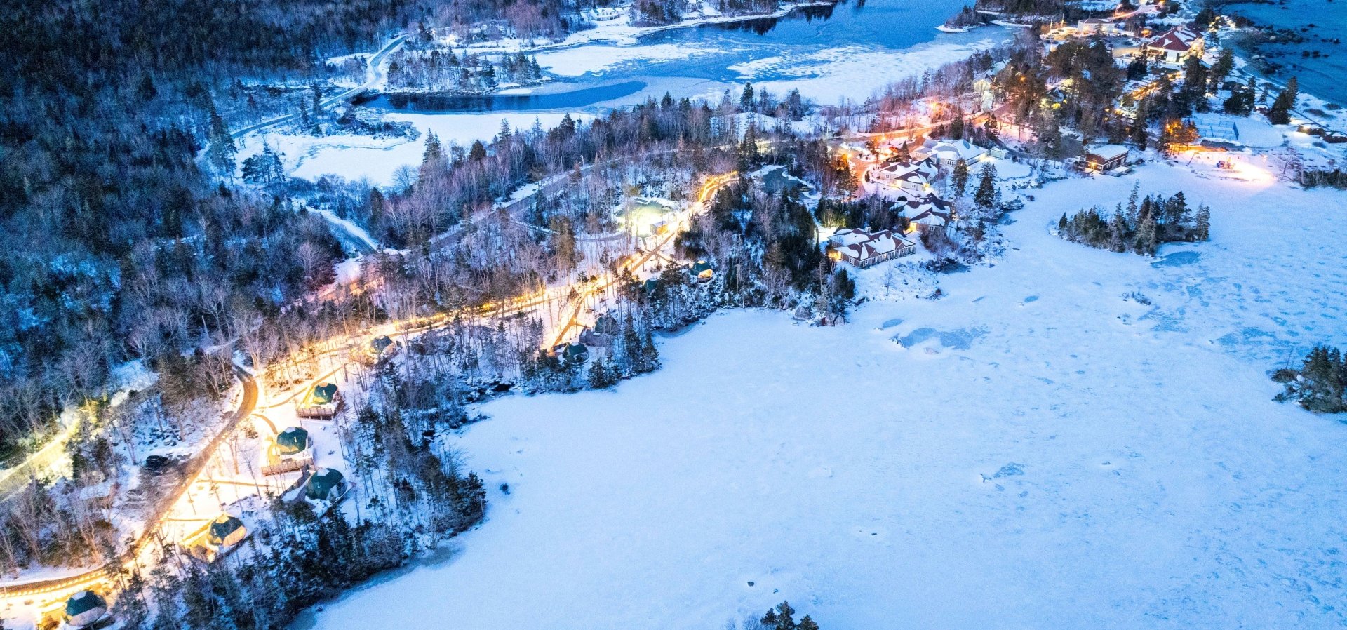 Aerial view of the Lakeside Glomes in winter