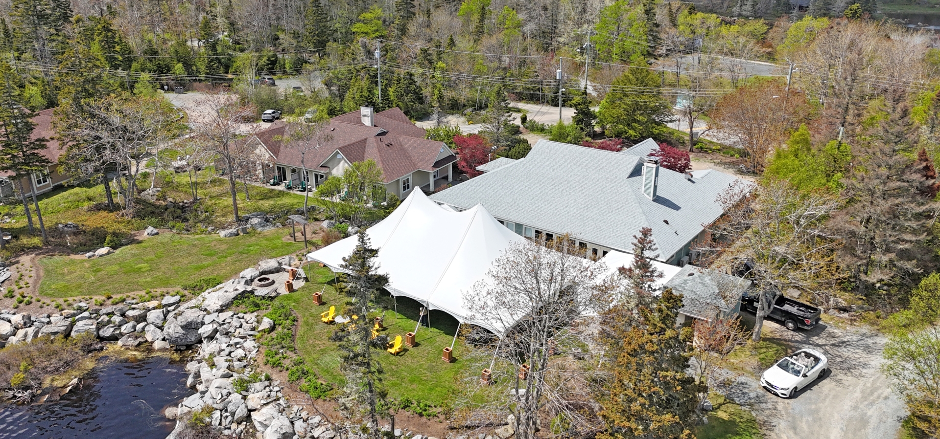 Aerial view of The Tent overlooking the lake