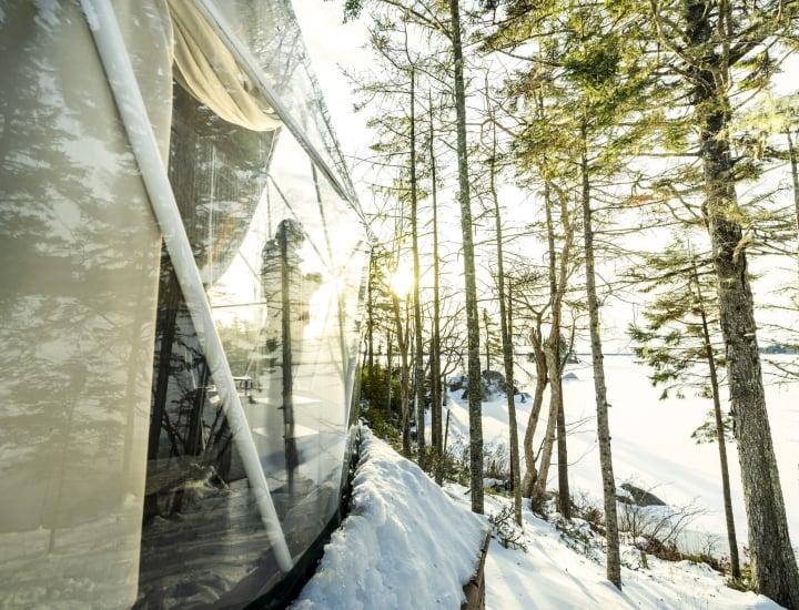 exterior of a lakeside glome in winter at White Point Beach Resort