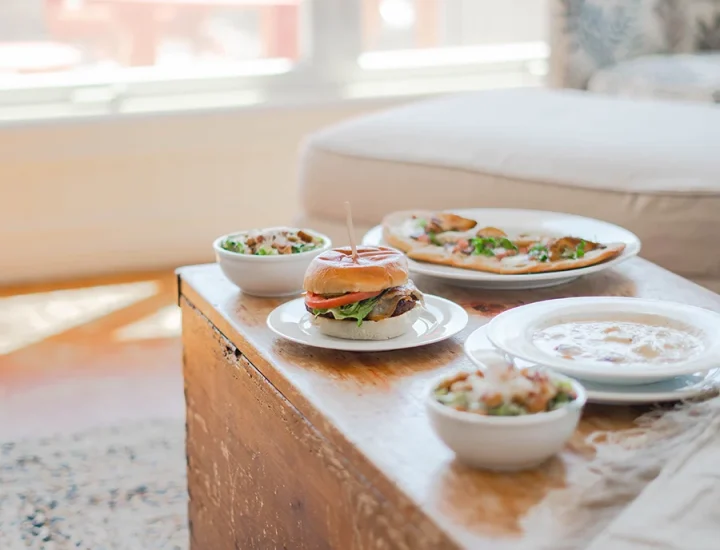Food spread on a coffee table