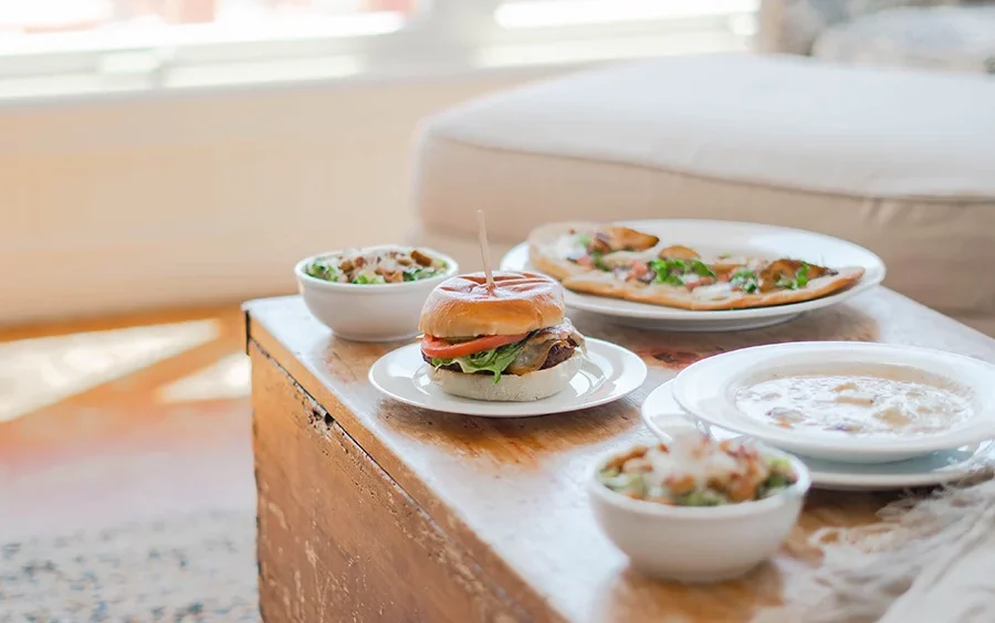 Food spread on a coffee table